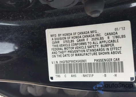 2012 Honda Civic Ex-L from USA, damaged, VIN 2HGFB2F90CH545901